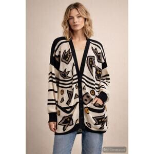 Joye & Fun Womens Cardigan 80's 90s Graphic Knit Novelty Med